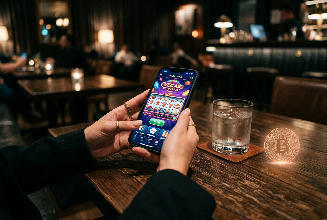 Ένας παίκτης χρησιμοποιεί smartphone για ανώνυμο παιχνίδι σε καζίνο.